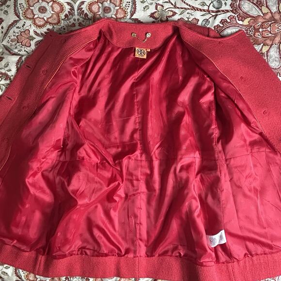 Tory Burch Wool Pea Coat XL Red Double Breasted Gold Buttons Belted Alek Jacket - Picture 8 of 12
